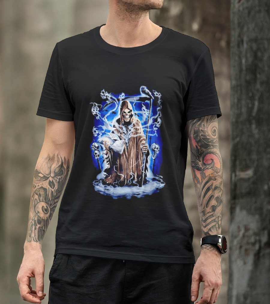 Sooner Than You Think Grim Reaper Skull And Scythe In Blue Mist T-Shirt