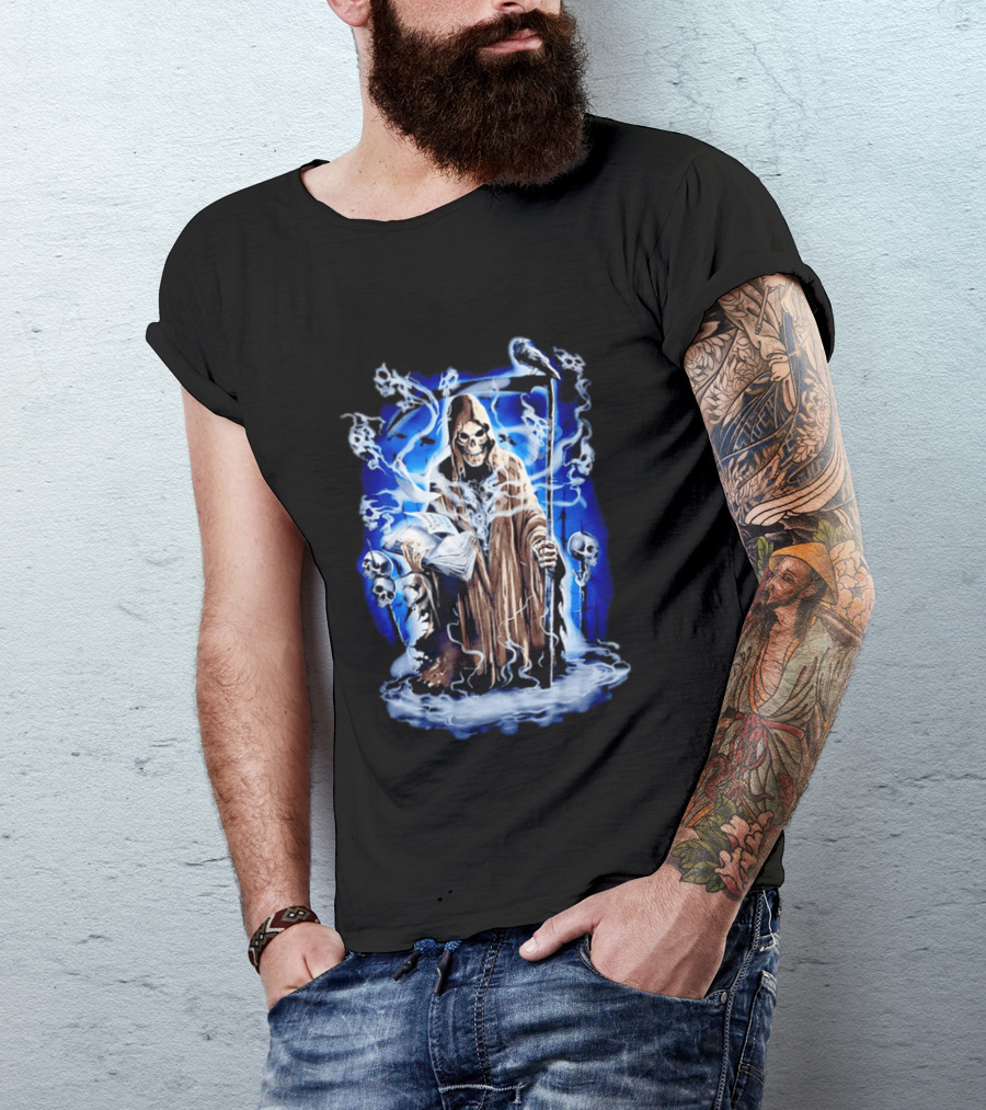 Sooner Than You Think Grim Reaper Skull And Scythe In Blue Mist T-Shirt