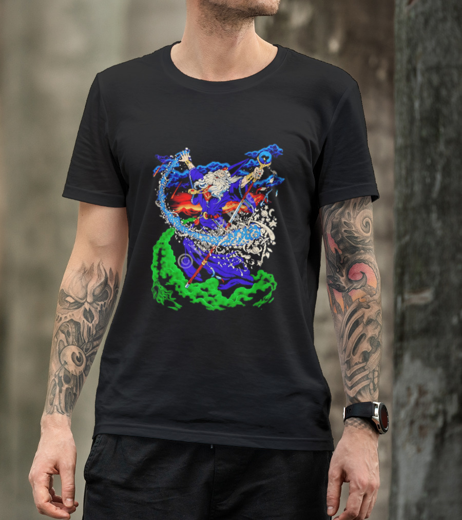 Wizard Casting Magic Conjuring Galaxies Fantasy Aurora Sky T-Shirt