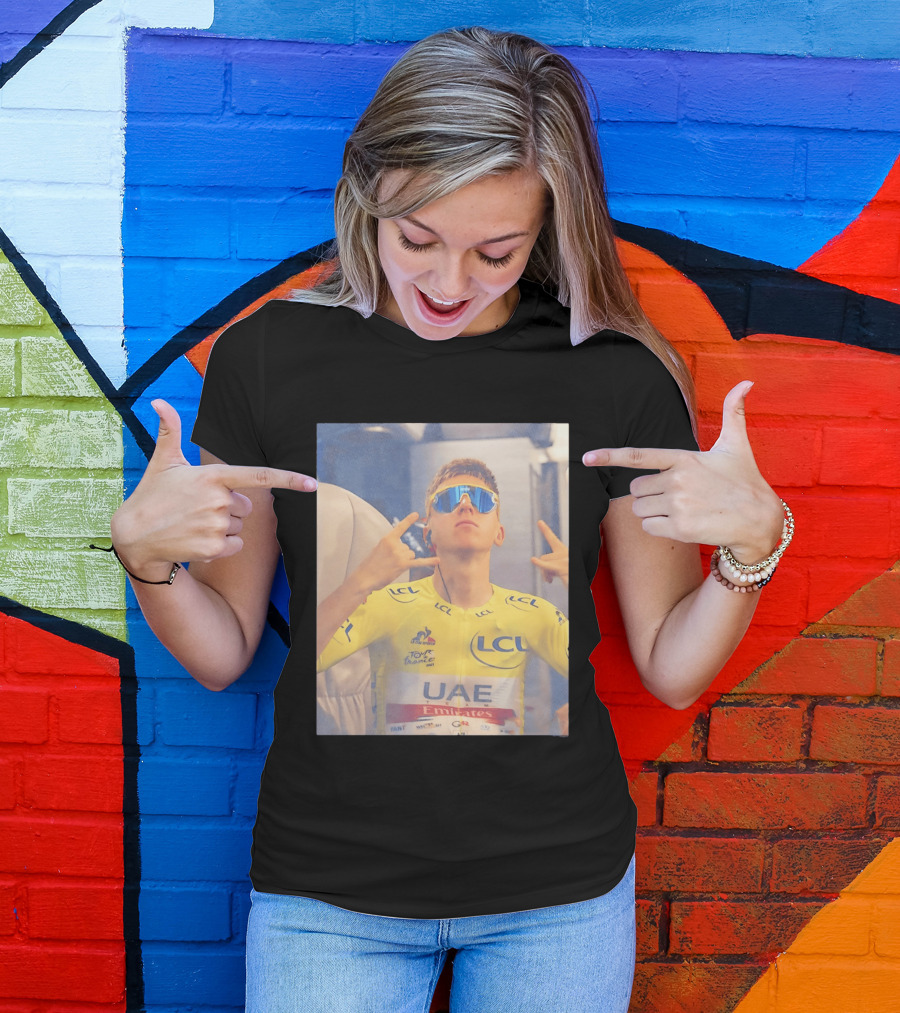 Tadej Pogačar In UAE Emirates Tour De France LCL Yellow Jersey With Sunglasses T-Shirt