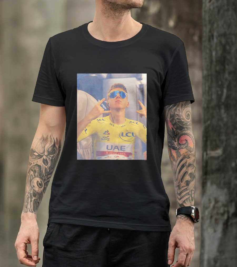 Tadej Pogačar In UAE Emirates Tour De France LCL Yellow Jersey With Sunglasses T-Shirt