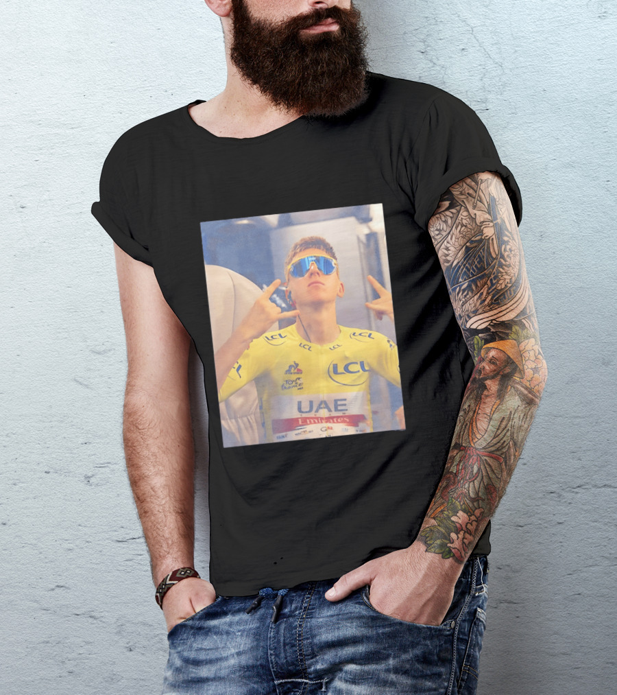 Tadej Pogačar In UAE Emirates Tour De France LCL Yellow Jersey With Sunglasses T-Shirt