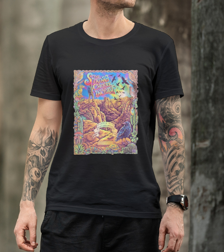 The String Cheese Incident Salt Lake City Utah Red Butte Garden Amphitheatre July 22 2026 Psychedelic Desert Scene With Wildlife And Cactus T-Shirt