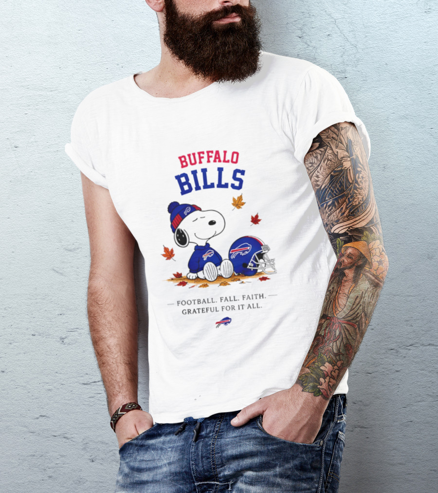 Buffalo Bills Snoopy Football Fall Faith Grateful For It All Leaves T-Shirt