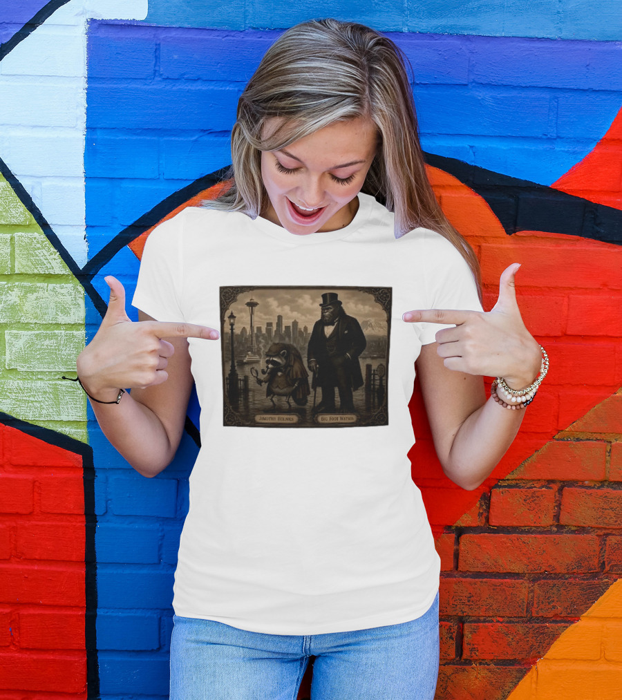 Jimothy Holmes Bigfoot Watson In Vintage Detective Scene Seattle Skyline T-Shirt