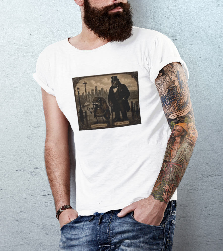 Jimothy Holmes Bigfoot Watson In Vintage Detective Scene Seattle Skyline T-Shirt