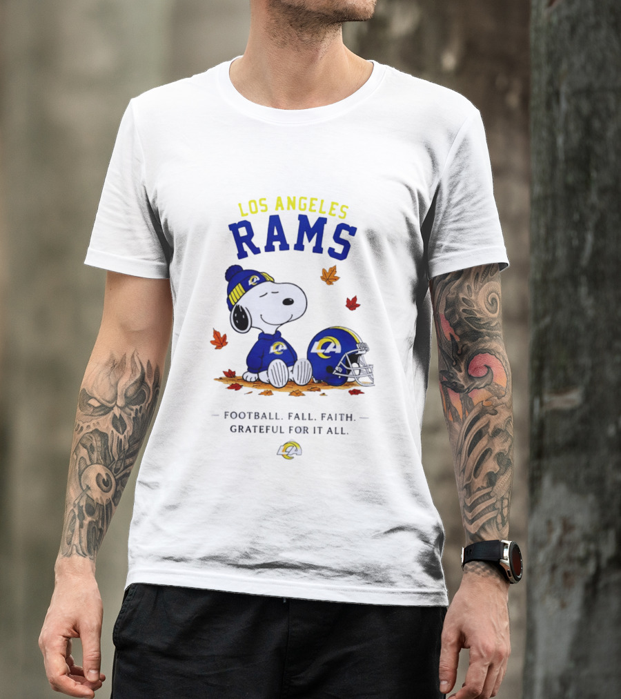 Los Angeles Rams Snoopy Football Fall Faith Grateful For It All NFL Peanuts Fan Gear T-Shirt