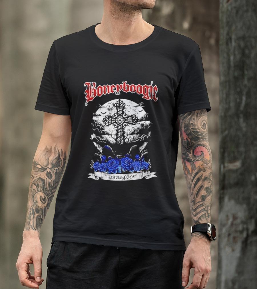 Boneyboogie Gothic Cross With Blue Roses And Full Moon T-Shirt