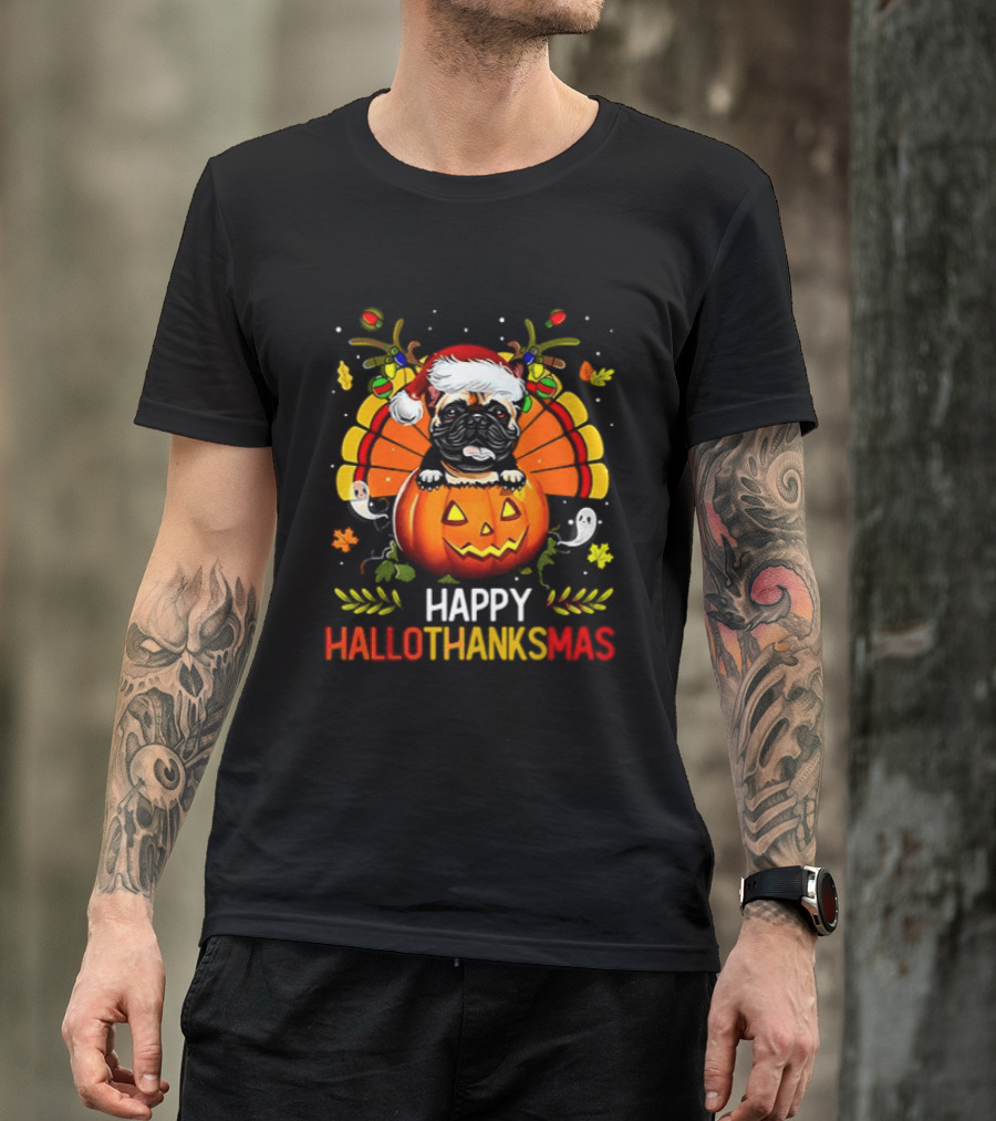 Happy Hallothanksmas Bulldog With Santa Hat Pumpkin And Turkey Feathers 2026 T-Shirt