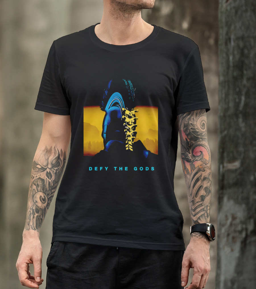 Defy The Gods Spartan Warrior Helmet Art Blue And Gold T-Shirt