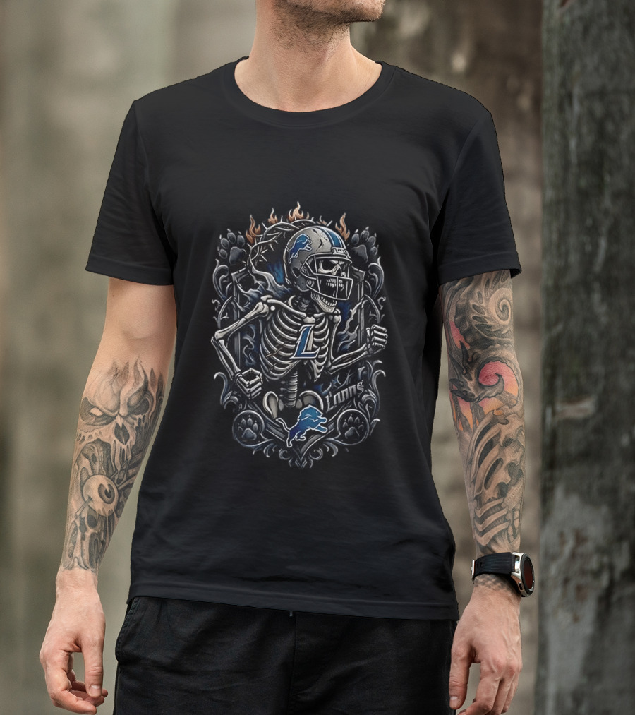 Detroit Lions Football Skeleton With Flames T-Shirt