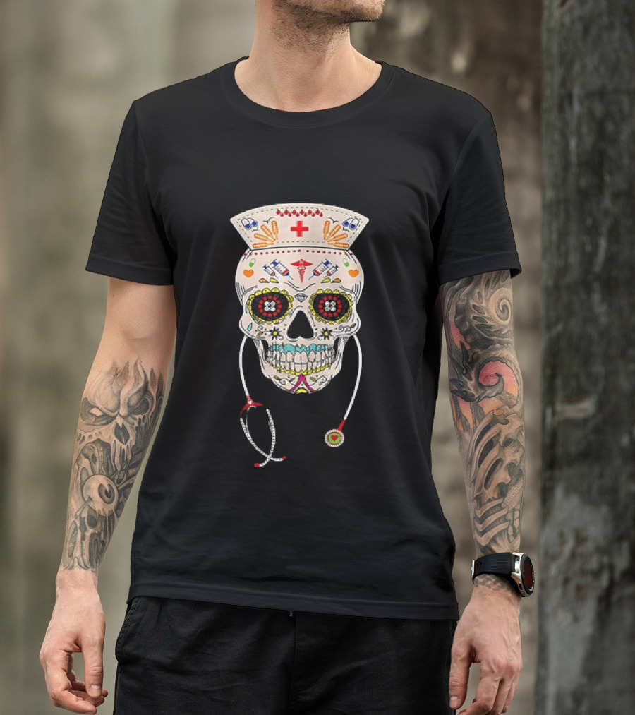 Nurse Sugar Skull Halloween Day Of The Dead Dia De Los Muertos T-Shirt