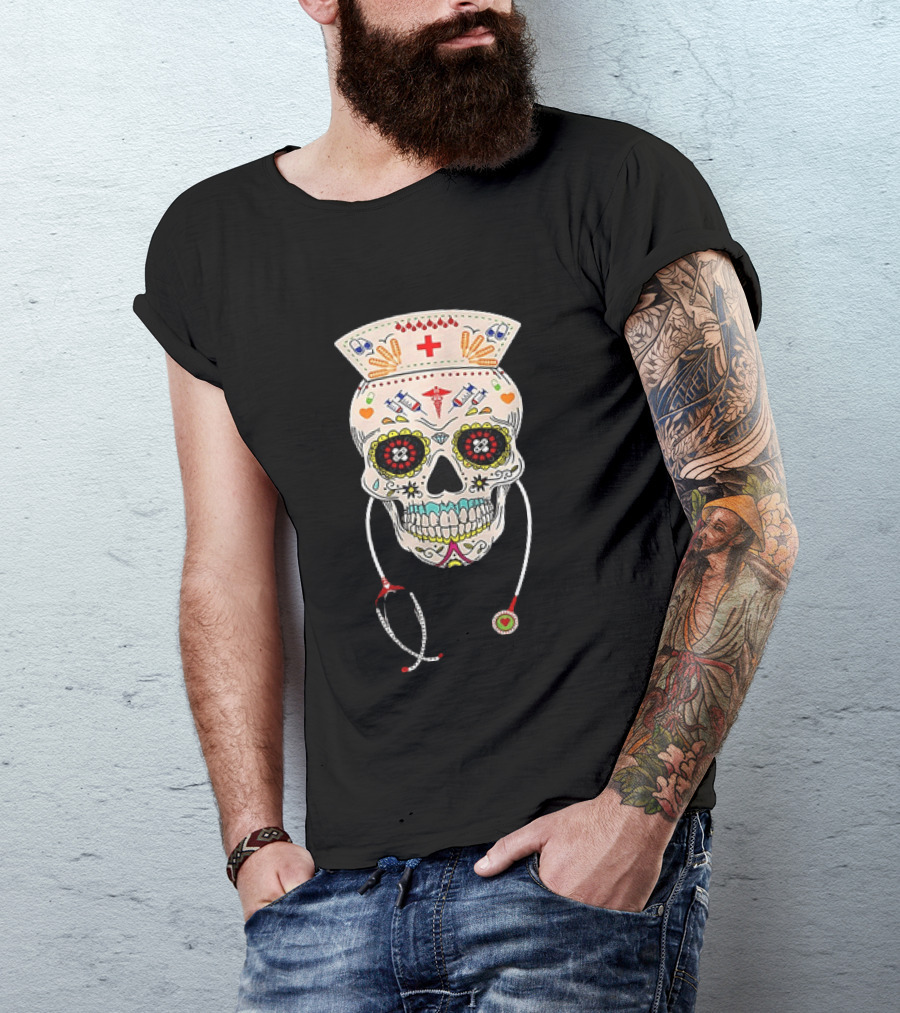 Nurse Sugar Skull Halloween Day Of The Dead Dia De Los Muertos T-Shirt