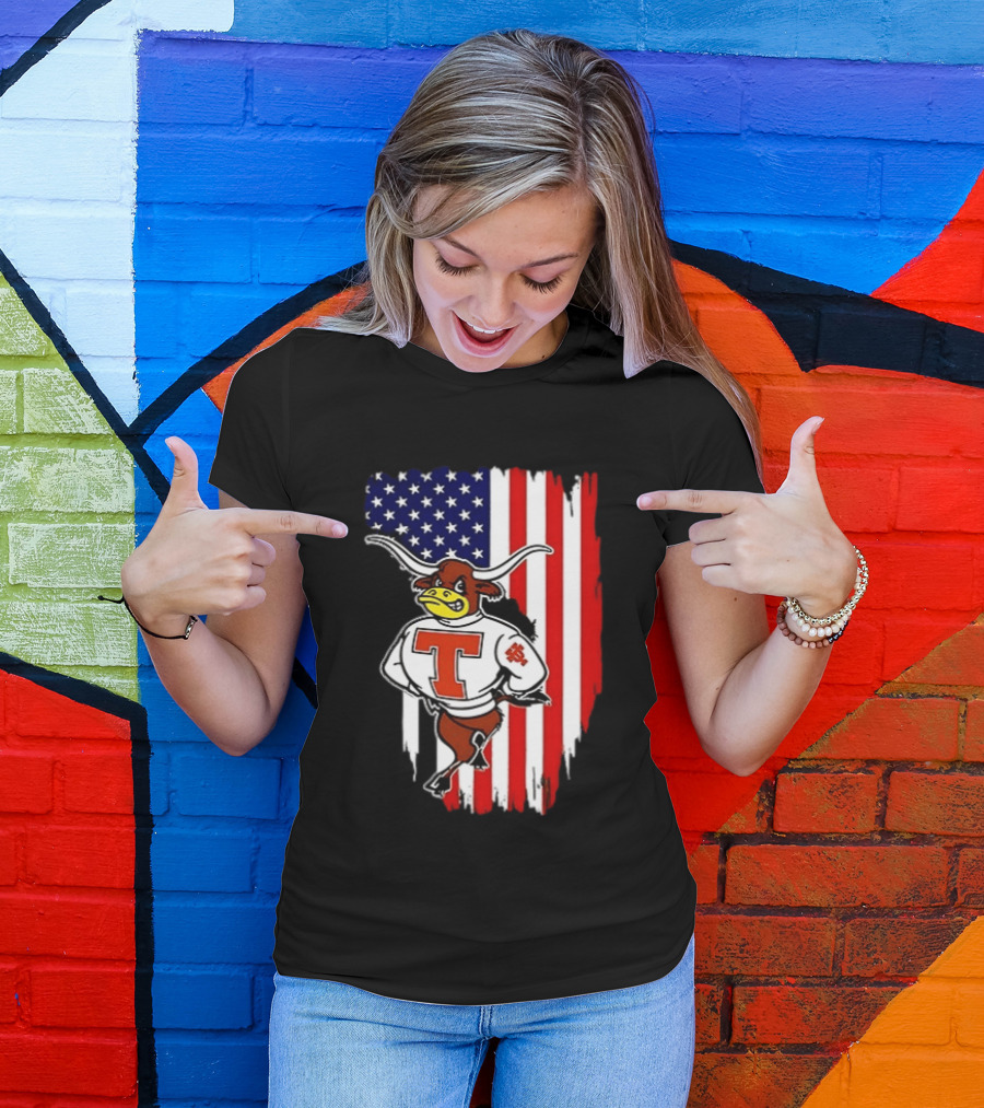 Texas Longhorns Mascot Over USA Flag T-Shirt