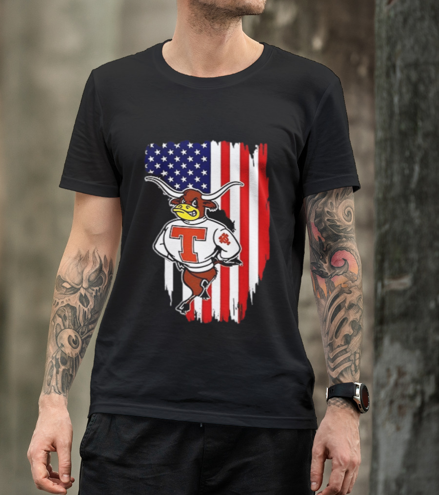 Texas Longhorns Mascot Over USA Flag T-Shirt