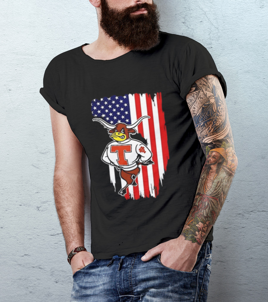Texas Longhorns Mascot Over USA Flag T-Shirt