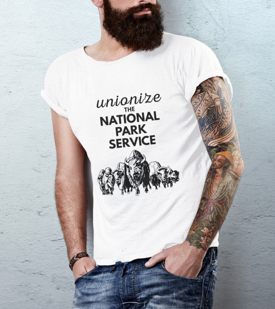 Unionize The National Park Service Bison Herd Oso Artists Orchard Button T-Shirt