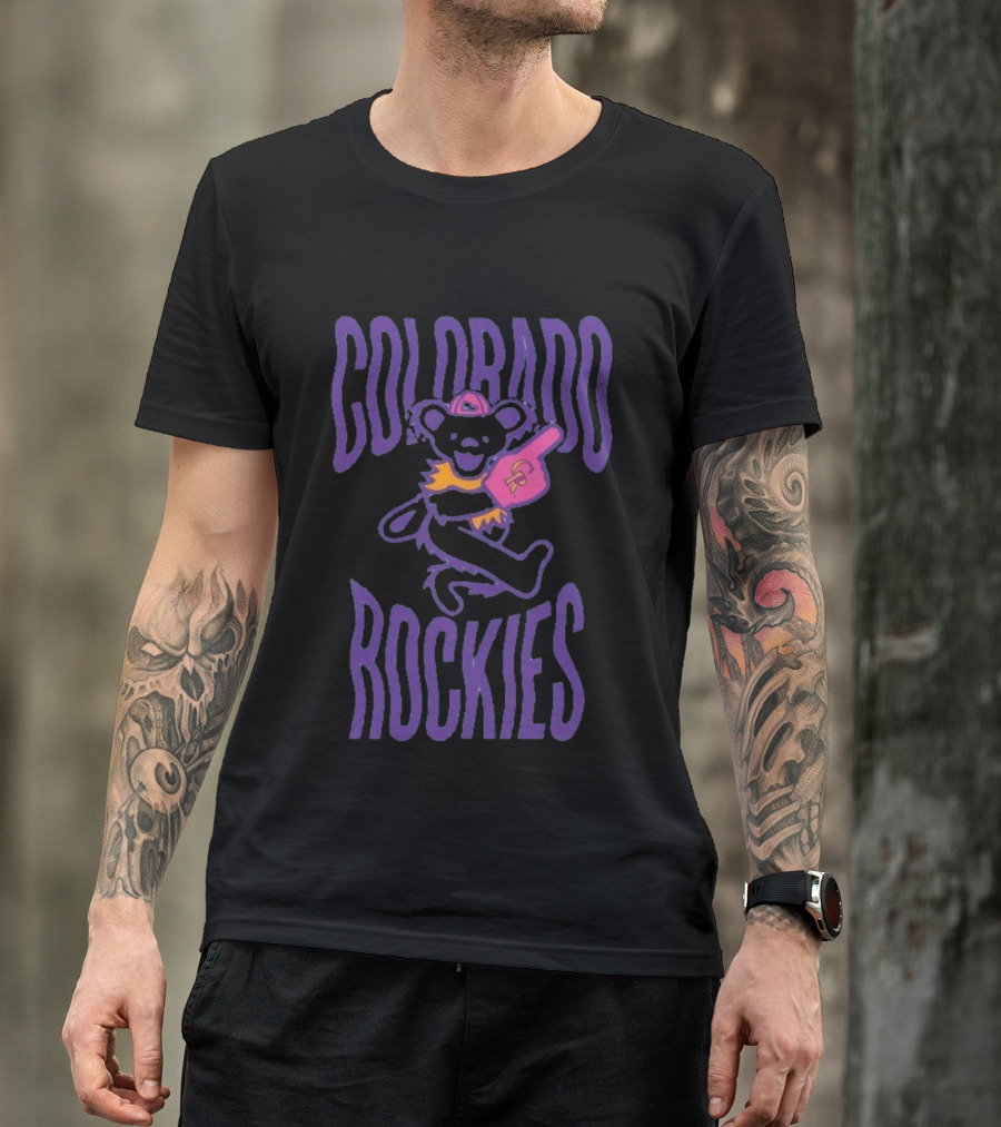 Colorado Rockies Grateful Dead Bear With Foam Finger Fan T-Shirt