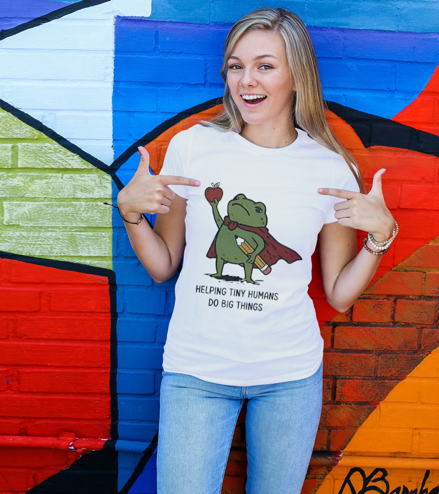 Helping Tiny Humans Do Big Things Cartoon Frog With Apple And Pencils T-Shirt