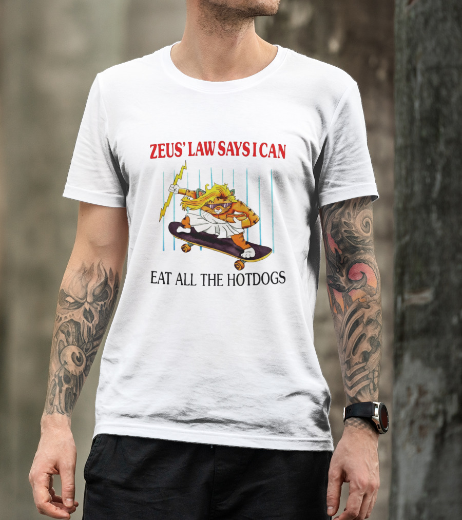 Zeus' Law Says I Can Eat All The Hotdogs Cat Holding Lightning Skateboard T-Shirt