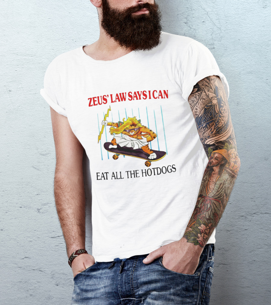 Zeus' Law Says I Can Eat All The Hotdogs Cat Holding Lightning Skateboard T-Shirt
