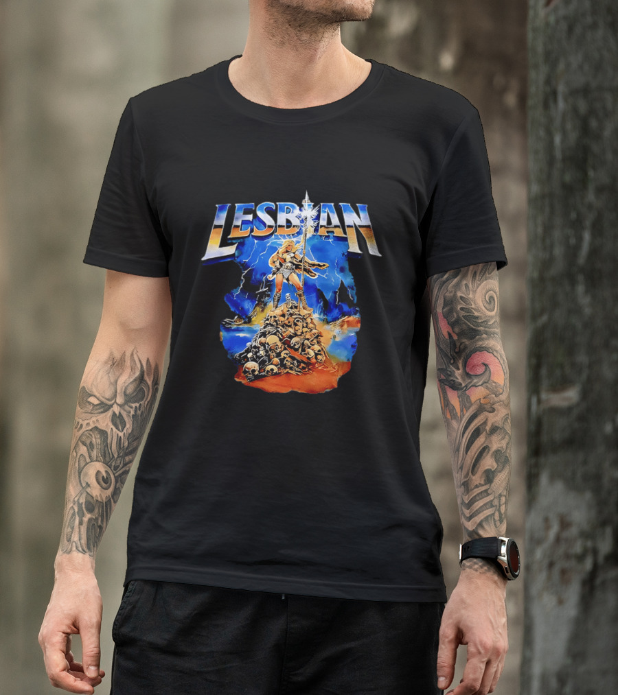 LESBIAN Warrior Epic Pose Amidst Pile Of Skulls And Lightning T-Shirt