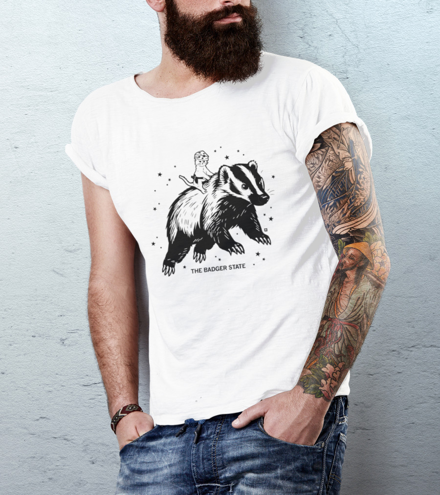 The Badger State Cat Wearing Cheese Hat On Badger With Stars T-Shirt