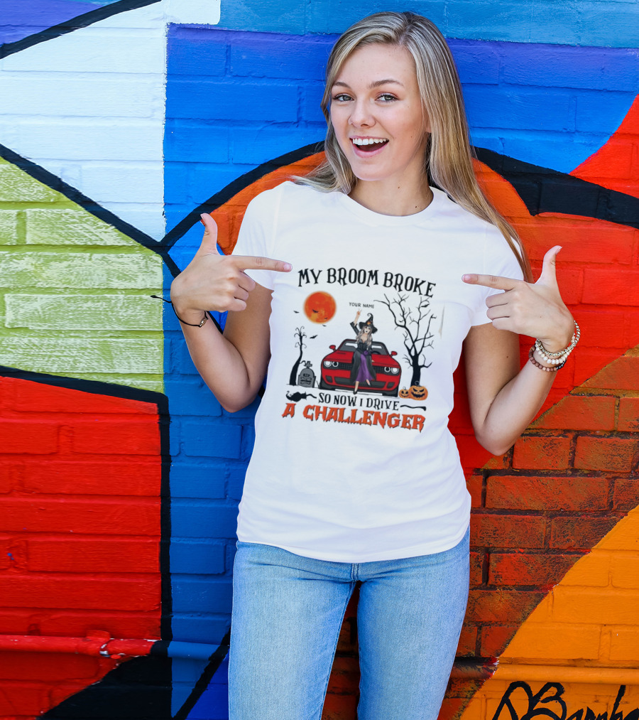 Witch Sitting On Red Car My Broom Broke So Now I Drive A Challenger Halloween Scene T-Shirt