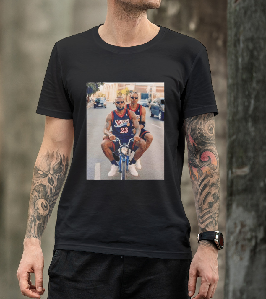 Philadelphia 76ers LeBron James Allen Iverson Duo On Bicycle T-Shirt