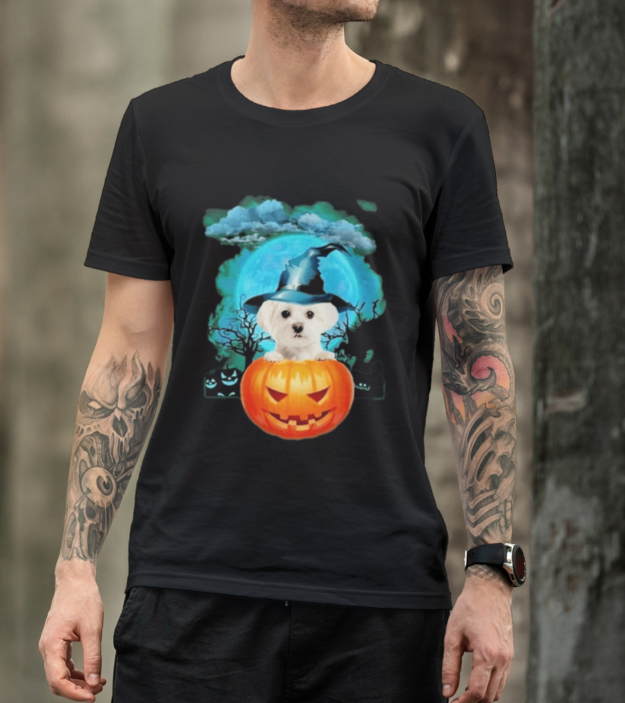 Happy Halloween White Maltese Witch Hat Pumpkin Blue Moon T-Shirt