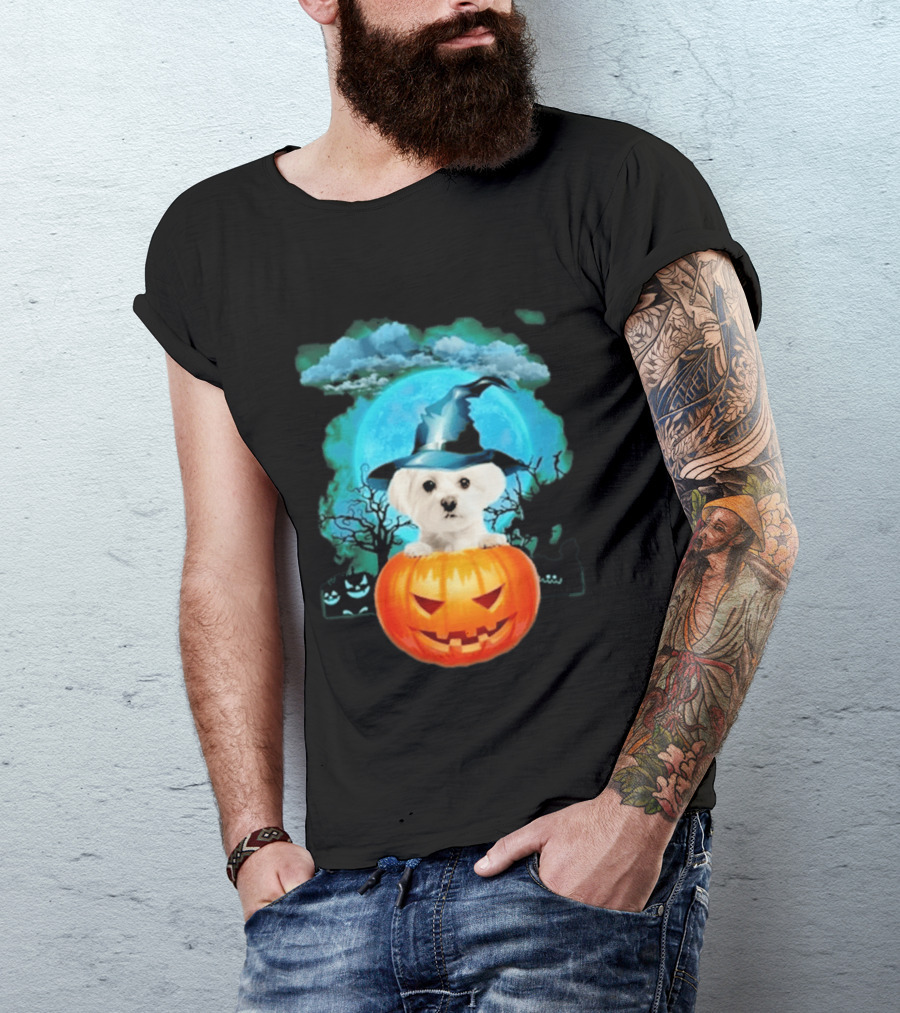 Happy Halloween White Maltese Witch Hat Pumpkin Blue Moon T-Shirt