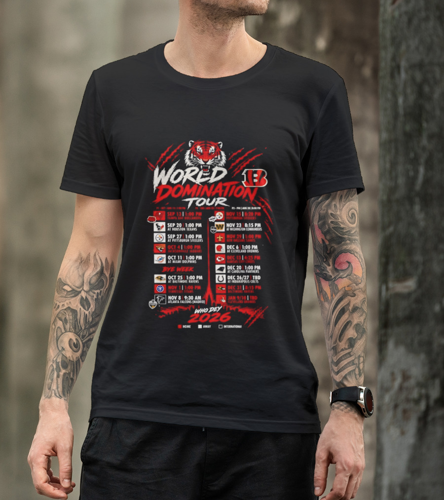 Cincinnati Bengals World Domination Tour 2026 Schedule Featuring Iconic Tiger Graphic And Team Logos T-Shirt