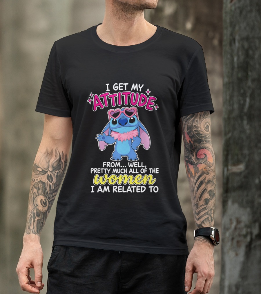 I Get My Attitude From Pretty Much All Of The Women I Am Related To Cute Blue Cartoon Character With Pink Accessories T-Shirt