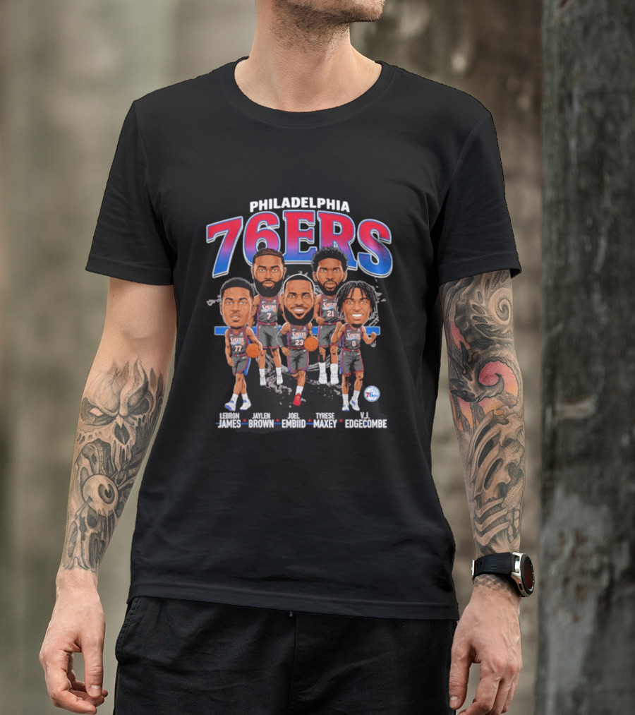 Philadelphia 76ers LeBron James Jaylen Brown Joel Embiid Tyrese Maxey VJ Edgecombe Caricature T-Shirt