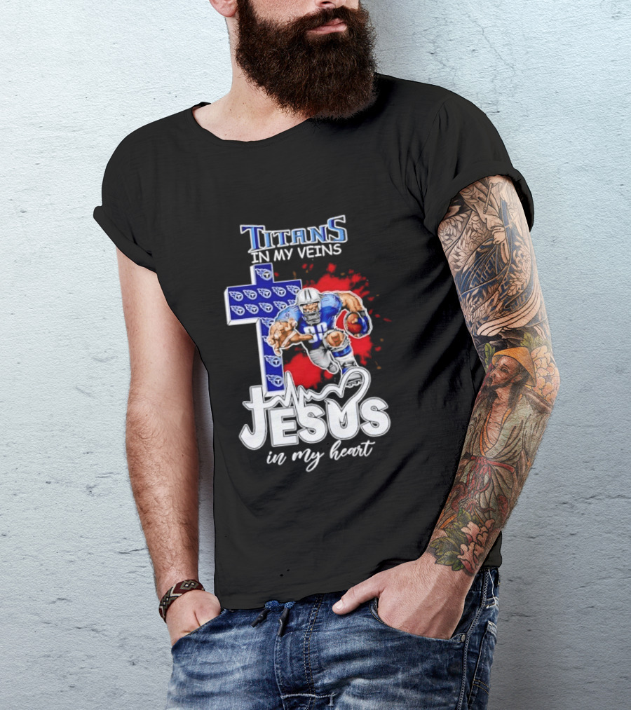 Titans In My Veins Jesus In My Heart Football Player Cross T-Shirt