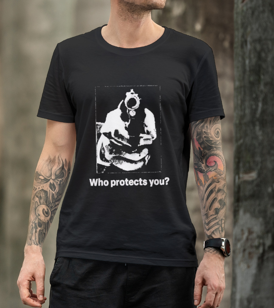 Who Protects You Question With Gun Aimed At Viewer T-Shirt