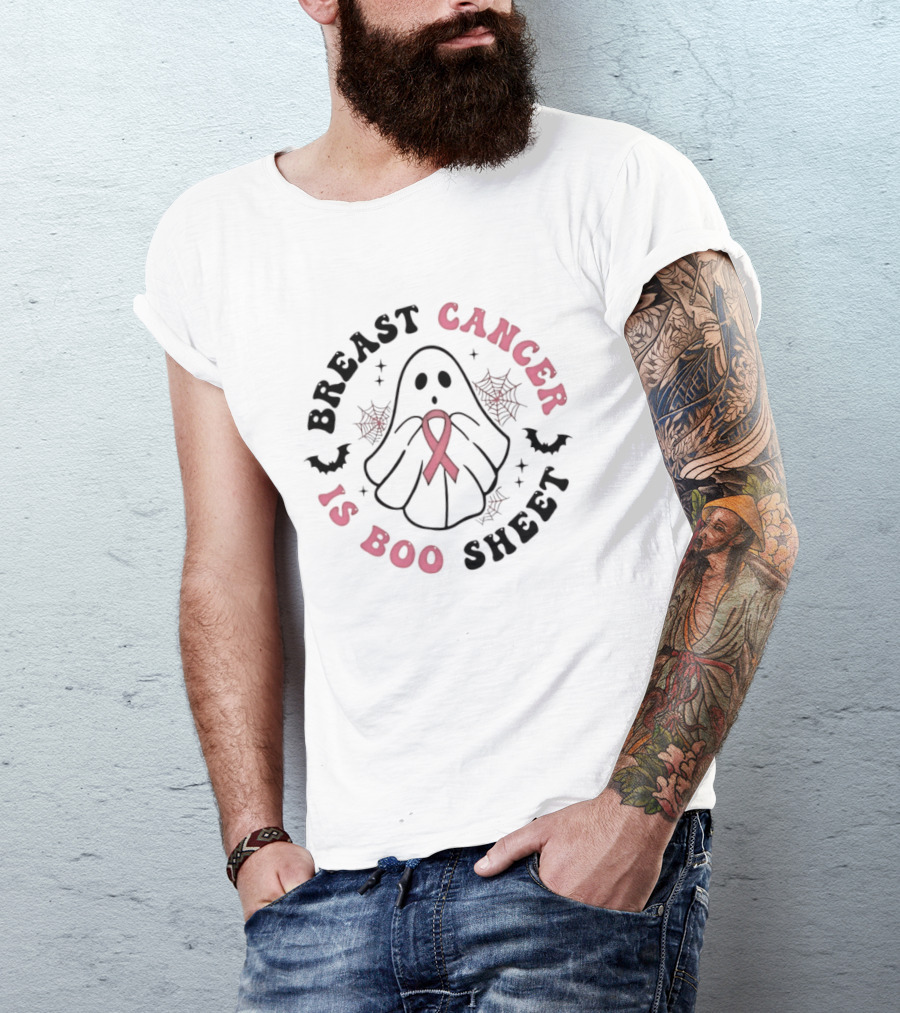 Breast Cancer Awareness Ghost Boo Sheet Ribbon Spooky Webs Bats T-Shirt