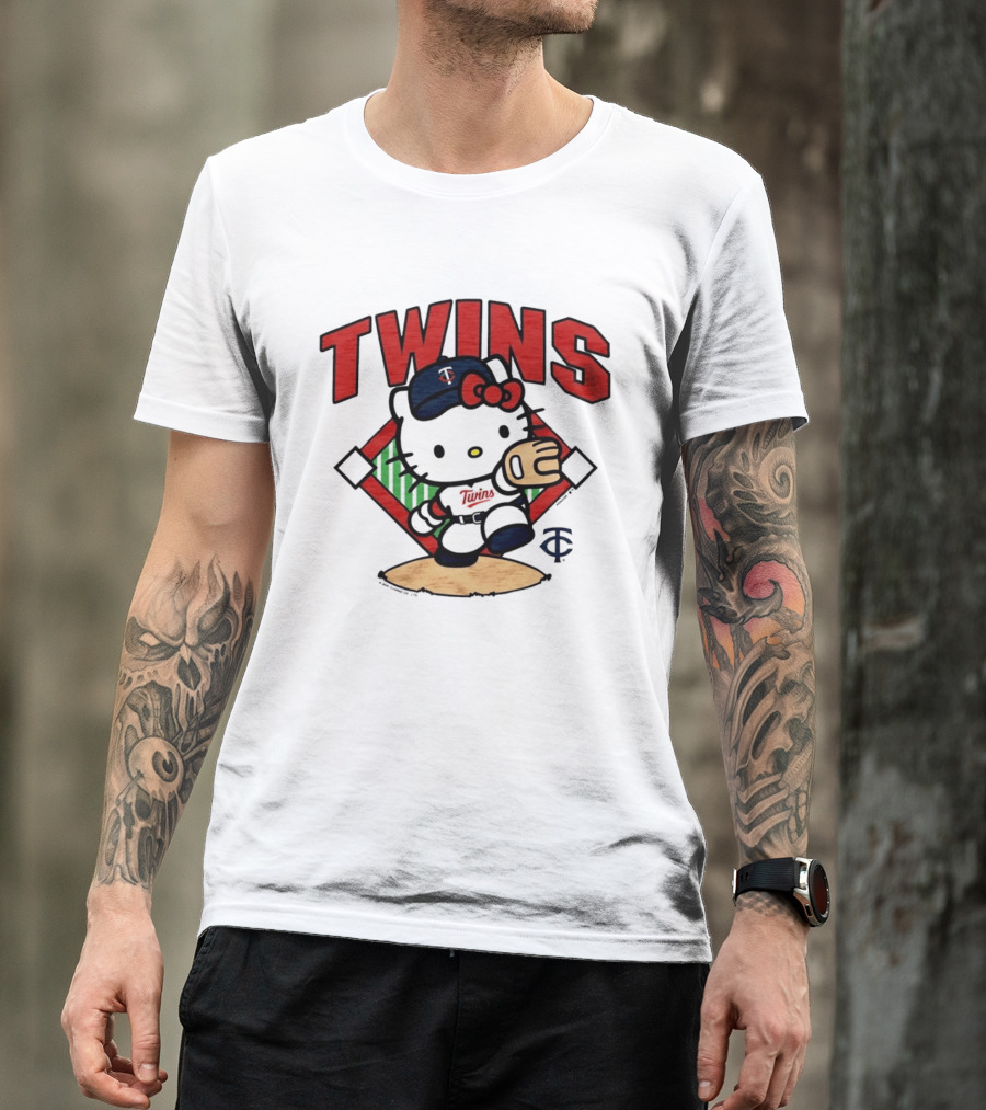 Hello Kitty Twins Baseball Distressed MLB Player Cartoon T-Shirt