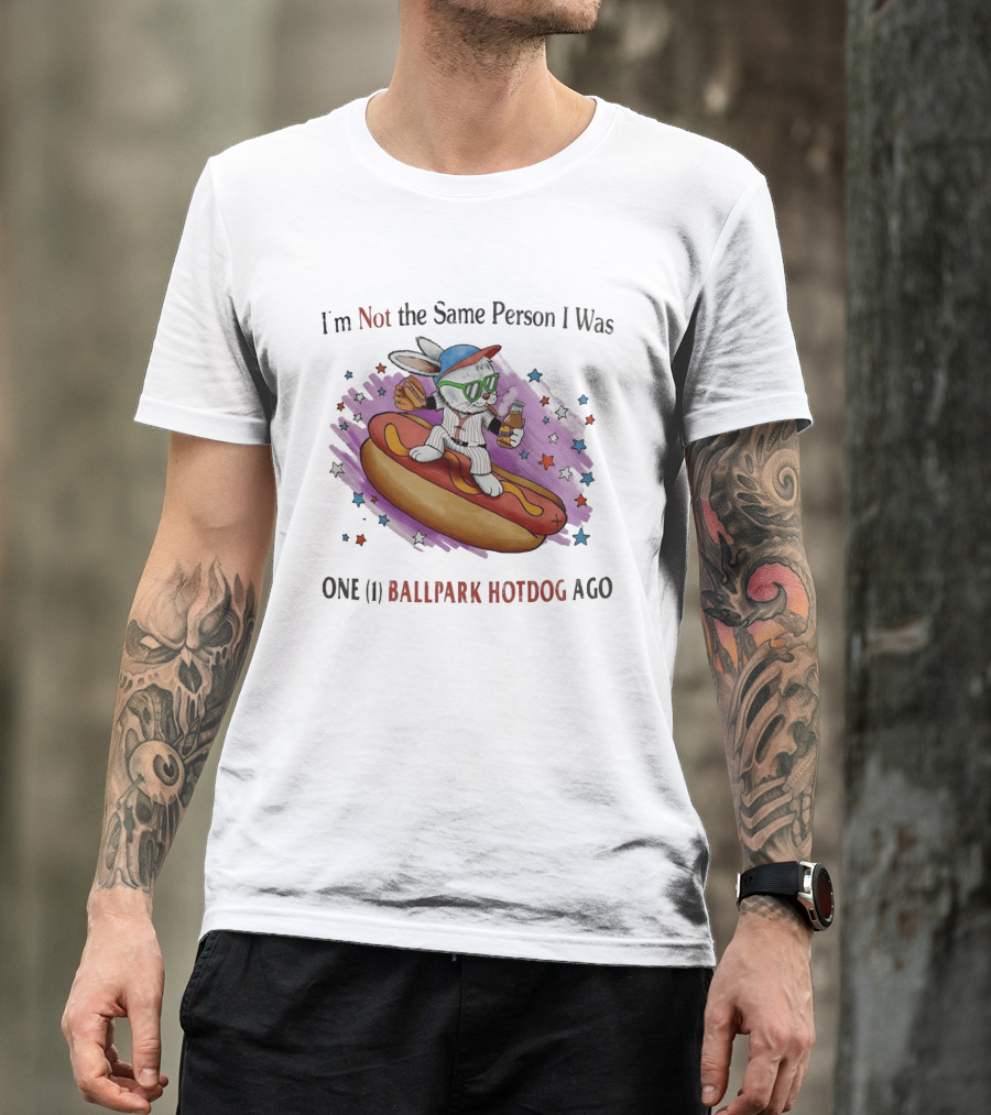 I'm Not The Same Person I Was One Ballpark Hotdog Ago Baseball Bunny With Sunglasses And Stars T-Shirt