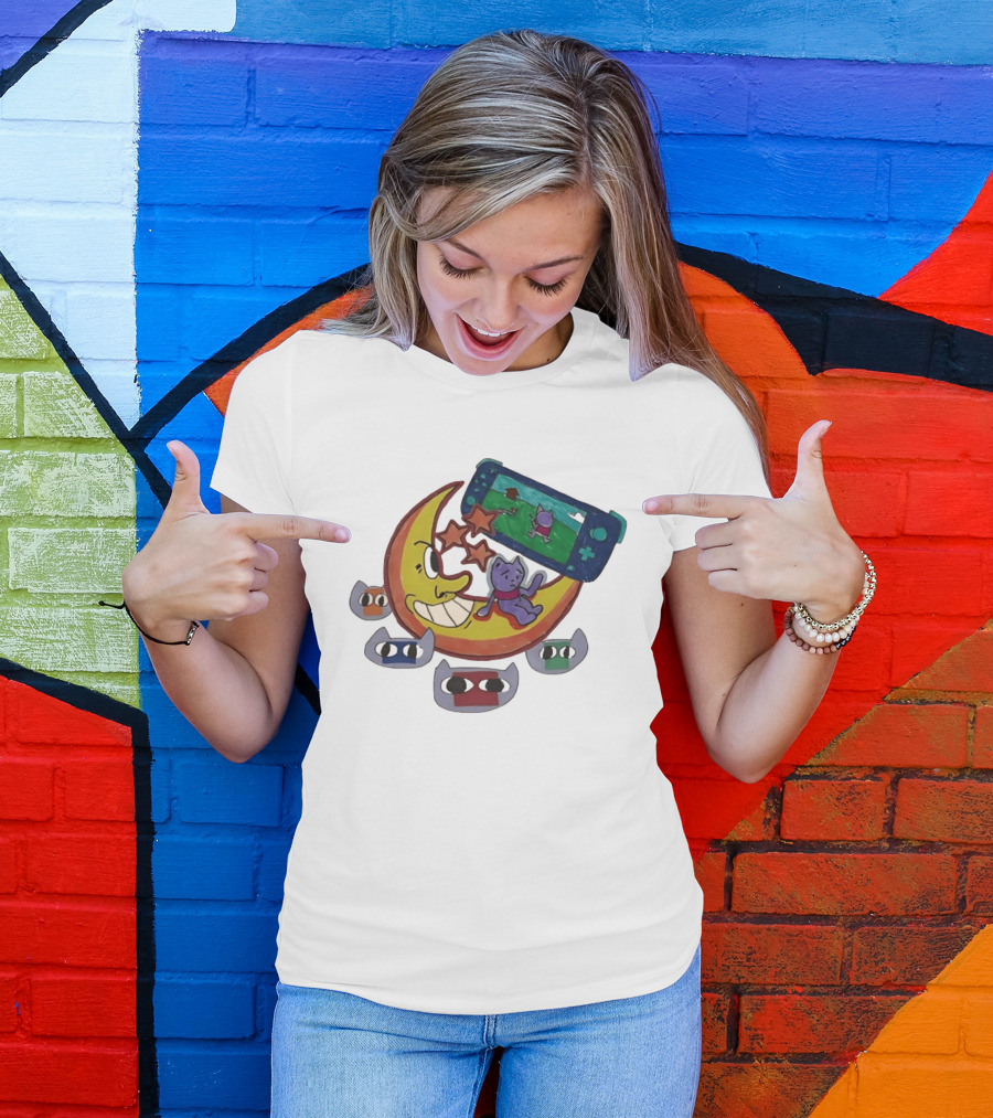 Cartoon Moon And Cat Playing Game With Stars And Colorful Masks T-Shirt