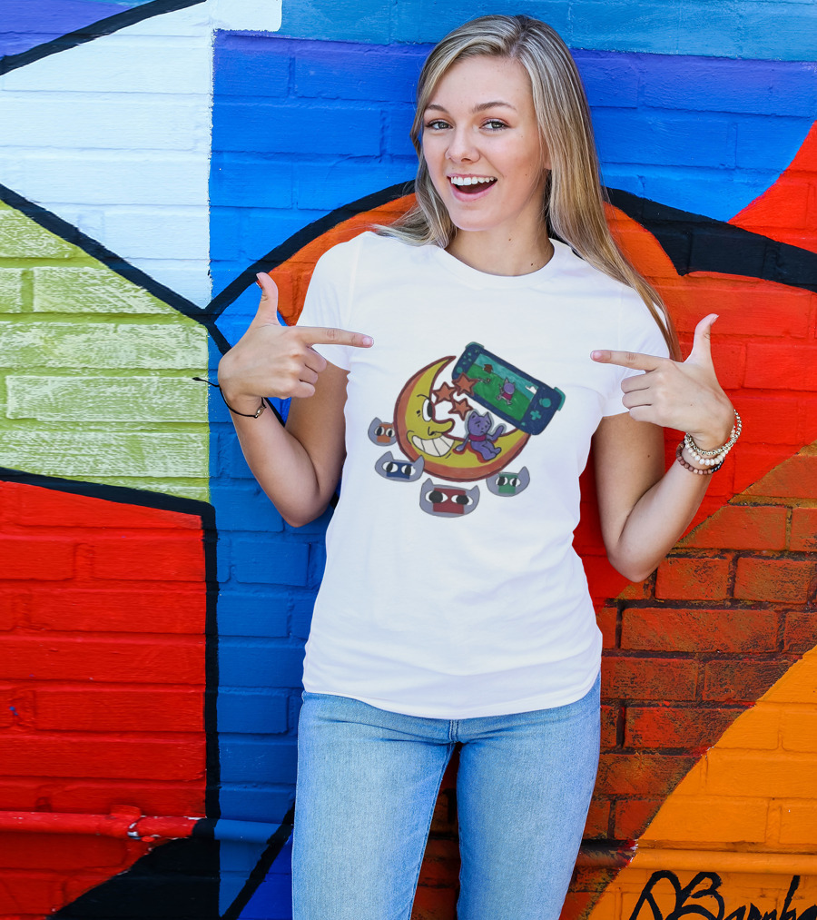 Cartoon Moon And Cat Playing Game With Stars And Colorful Masks T-Shirt