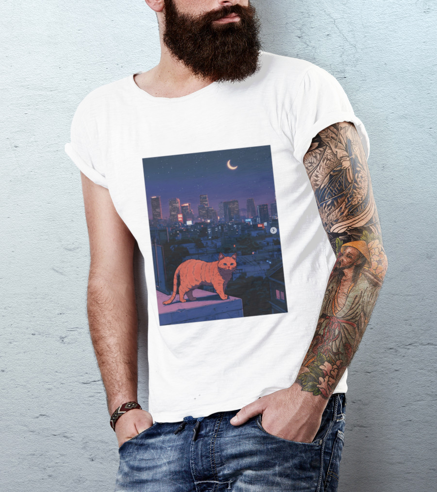 Orange Tabby Cat Under Night Sky Overlooking City Skyline With Crescent Moon T-Shirt