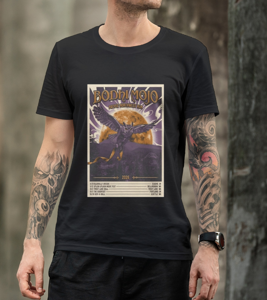 Bodhi Mojo Pacific Northwest Run 2026 Tour Owl Illustration Dates And Locations T-Shirt