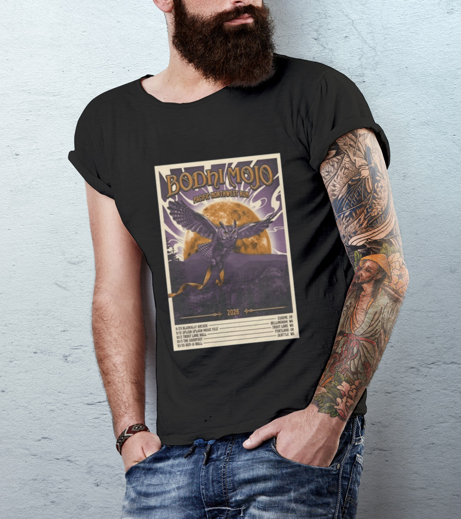 Bodhi Mojo Pacific Northwest Run 2026 Tour Owl Illustration Dates And Locations T-Shirt