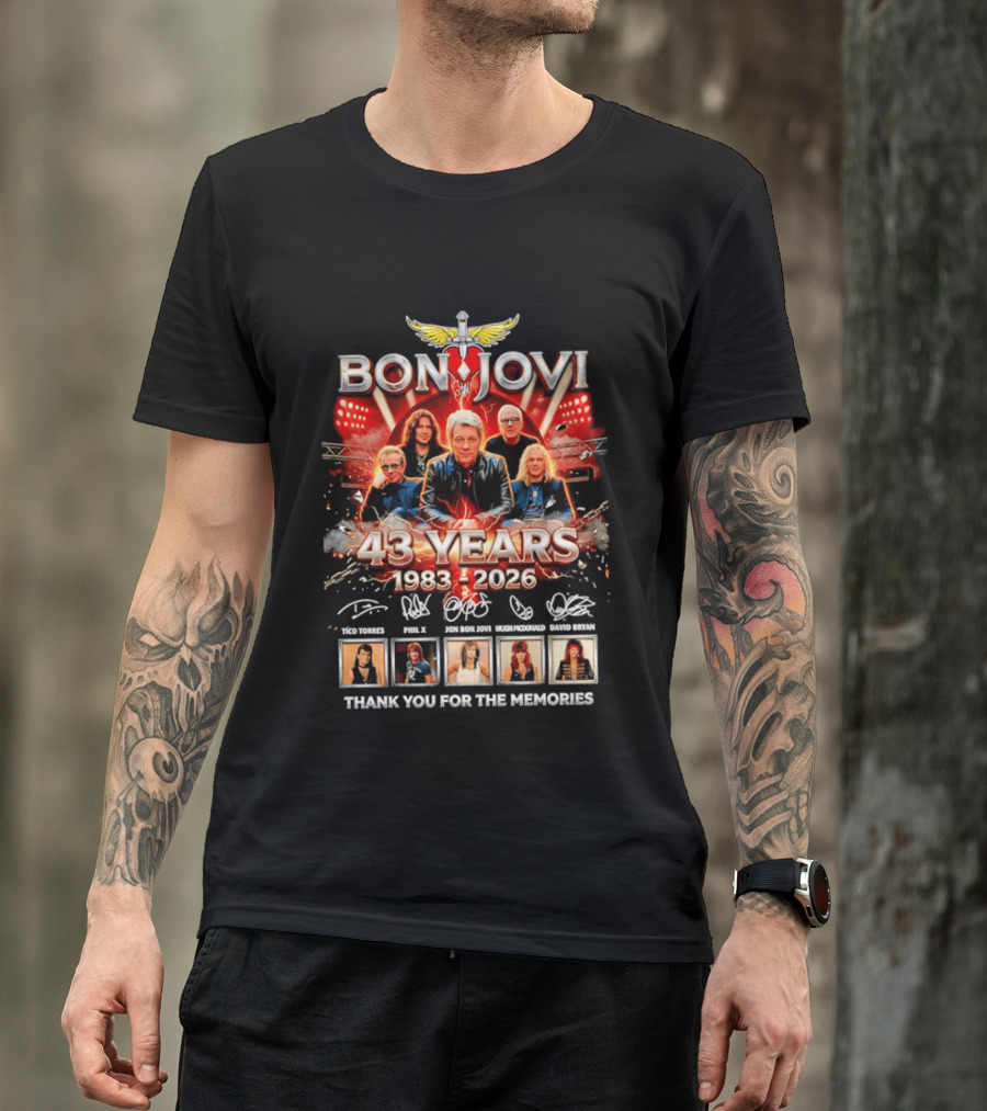 Bon Jovi 43 Years Celebration 1983 2026 Thank You For The Memories Signatures T-Shirt