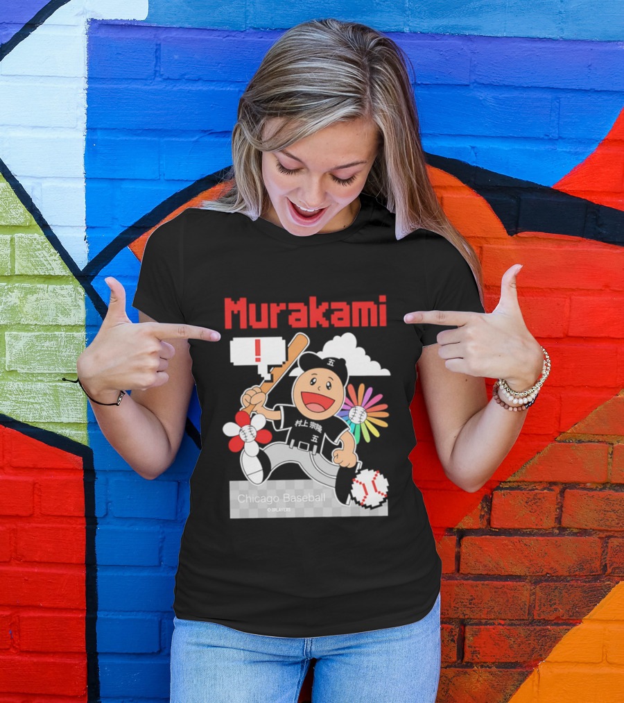 Murakami Chicago Baseball IPlayers Animated Character Flower Motif T-Shirt
