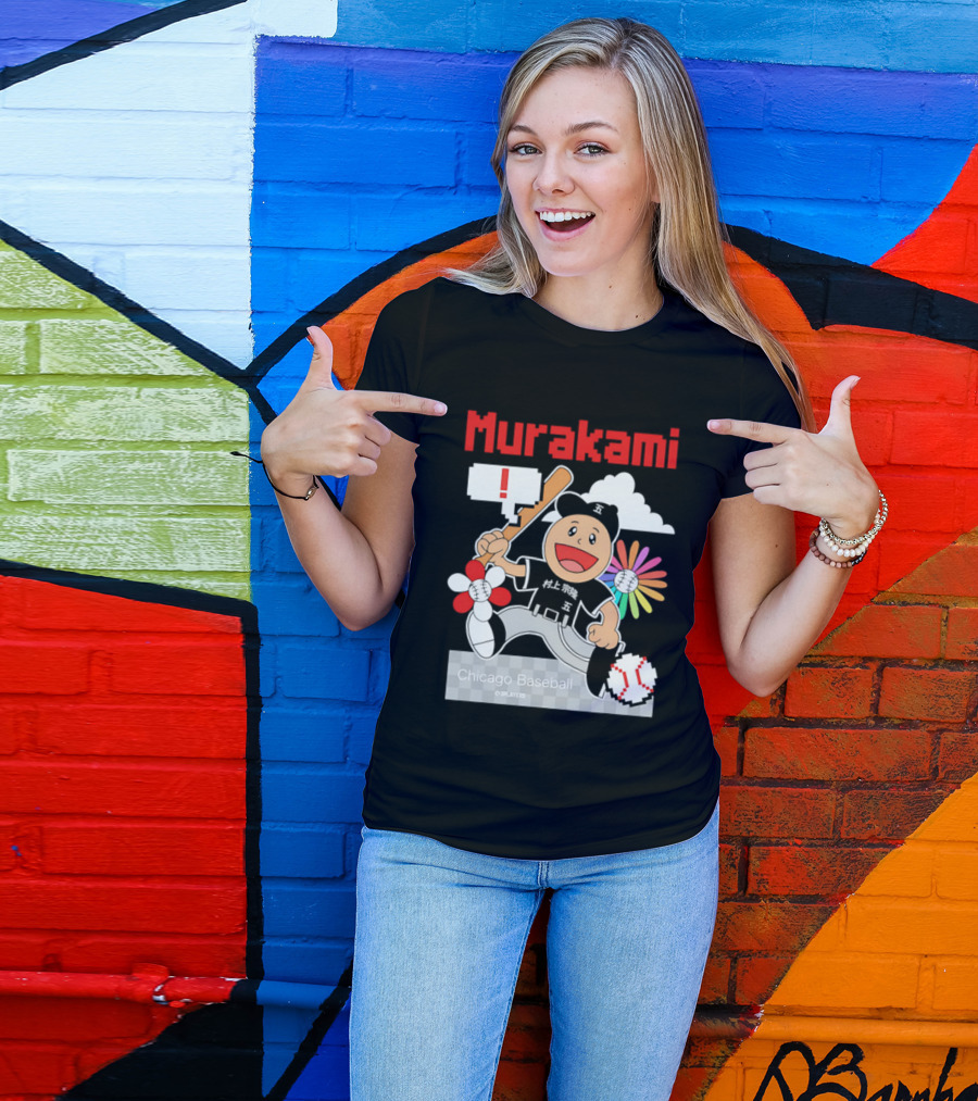 Murakami Chicago Baseball IPlayers Animated Character Flower Motif T-Shirt