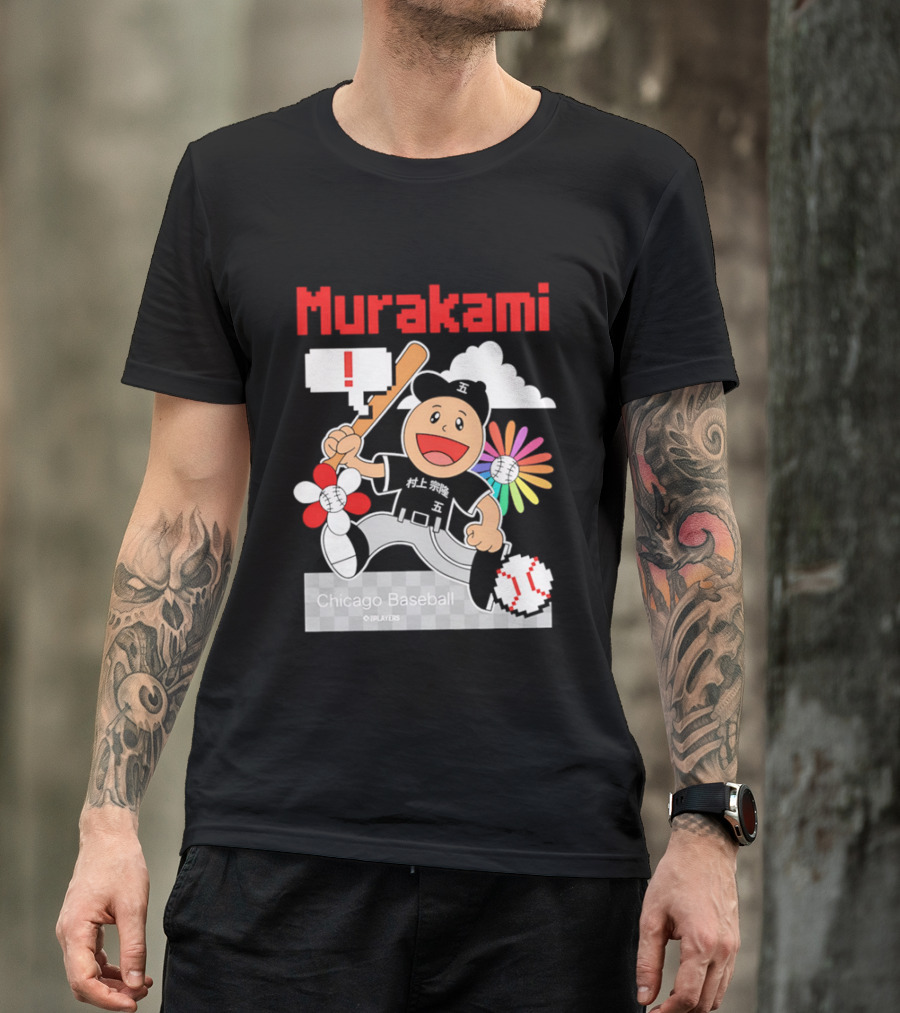 Murakami Chicago Baseball IPlayers Animated Character Flower Motif T-Shirt