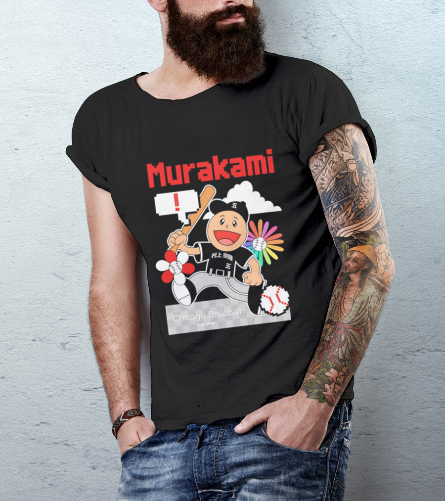 Murakami Chicago Baseball IPlayers Animated Character Flower Motif T-Shirt