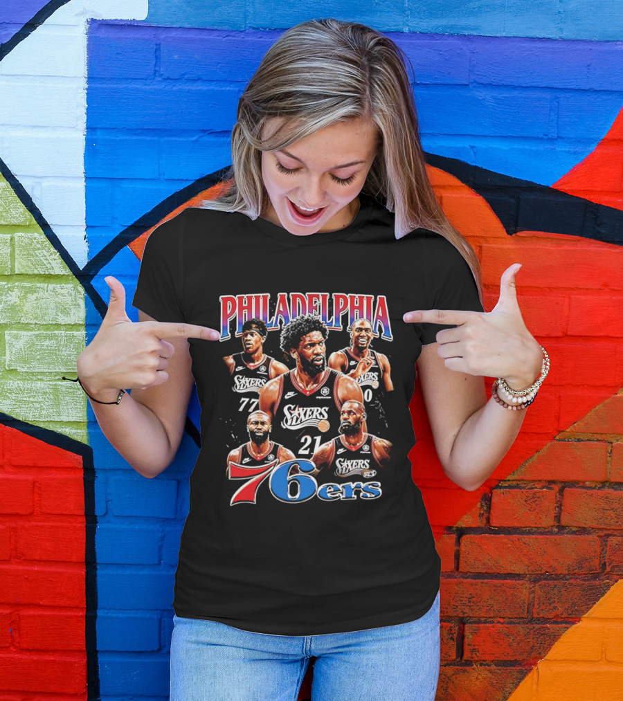 Philadelphia 76ers Embiid LeBron Collage 21 77 T-Shirt